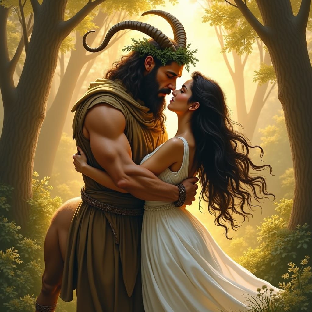 Centaur's Tender Embrace in Sun-Drenched Forest