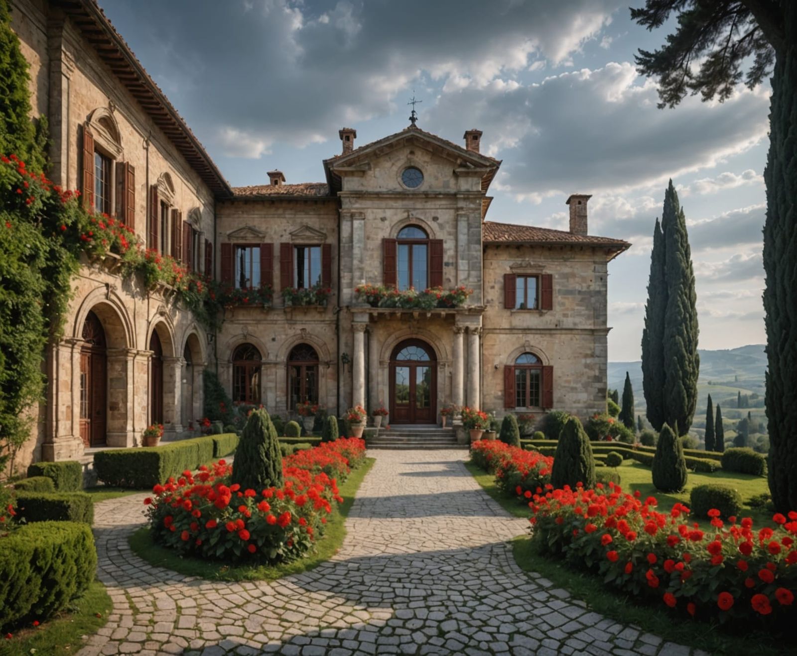 Ethereal Tuscan Mansion with Red Flowers in Mist