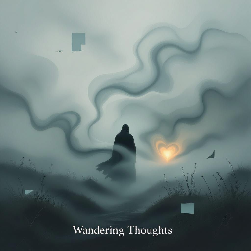 Ethereal Mist Landscape with Solitary Figure and Abstract He...