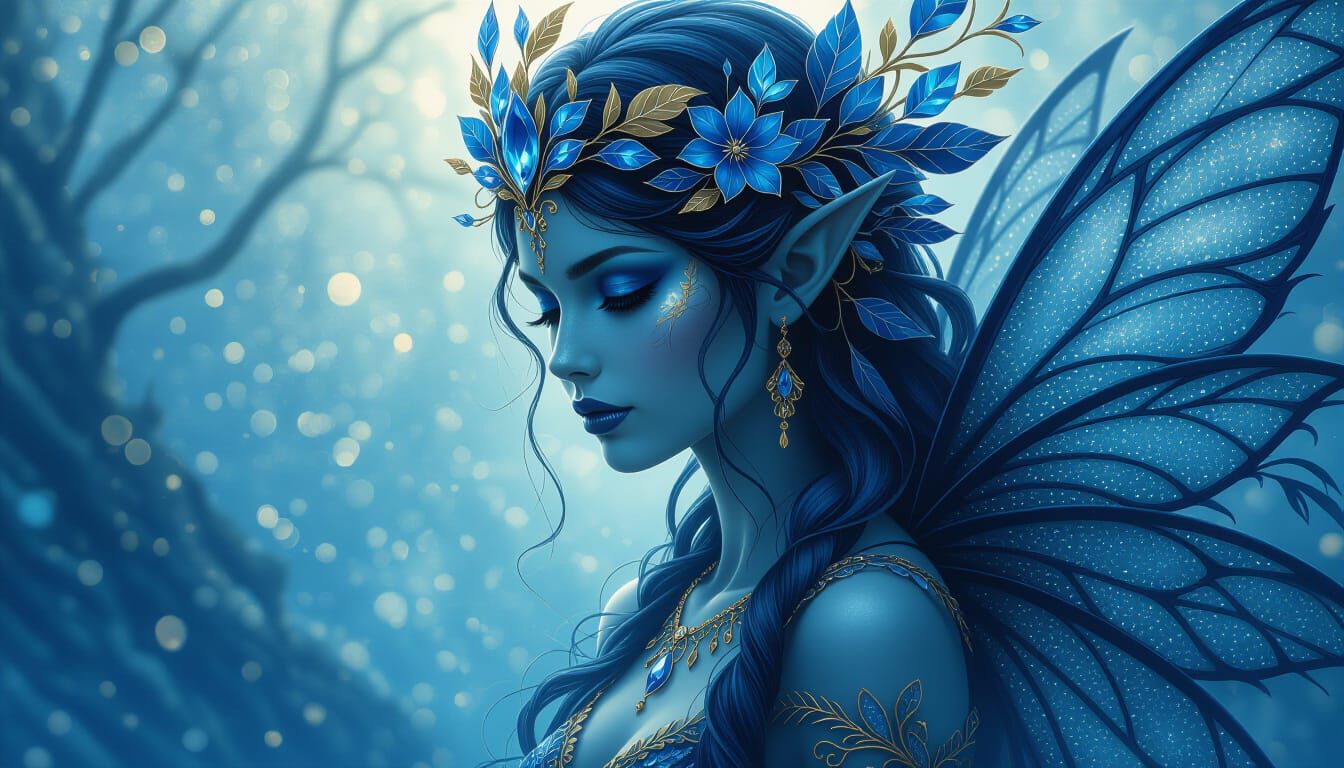 Dark Fantasy Nature Spirit Portrait in Cobalt and Sapphire