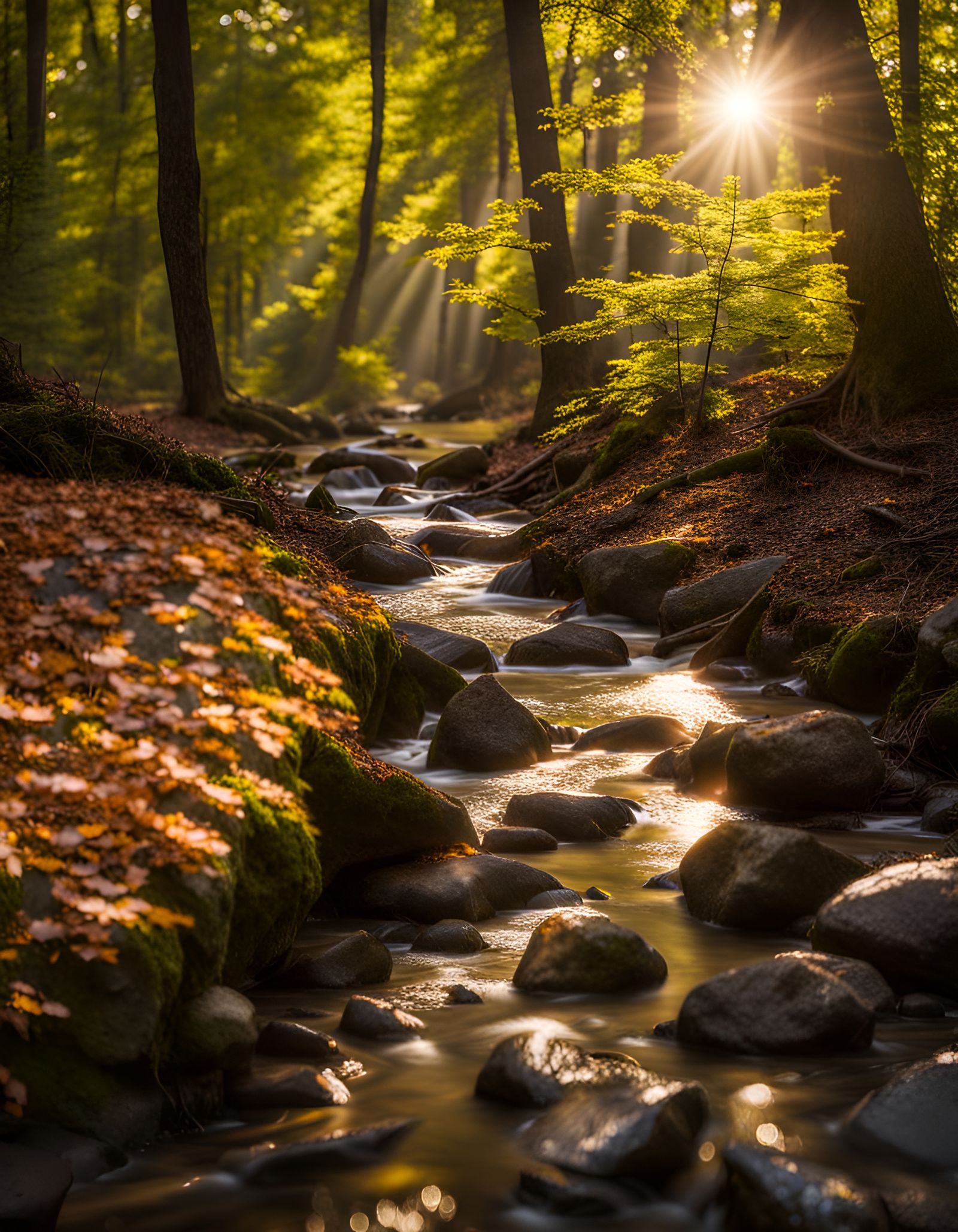 Sunlit Stream in Deciduous Forest: Professional Photography