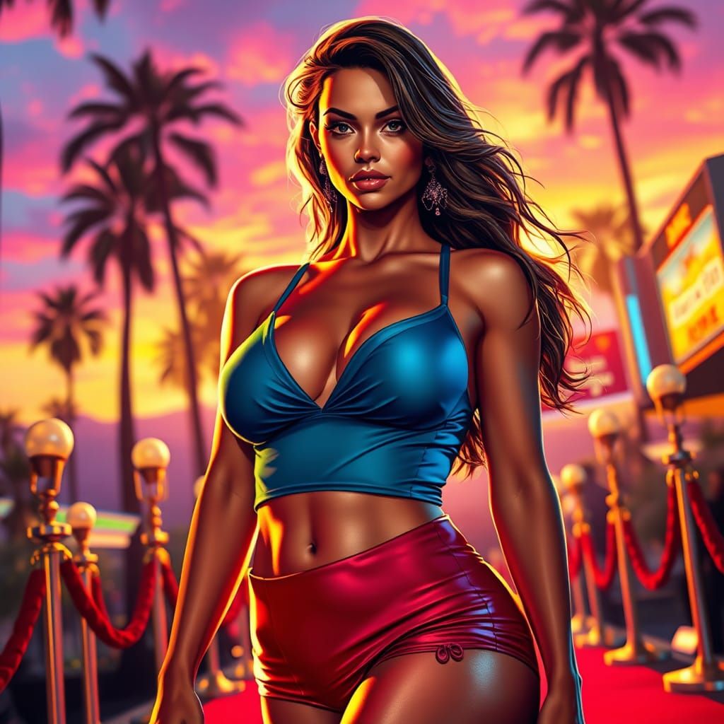 Confident Woman on Red Carpet in Art Nouveau Style