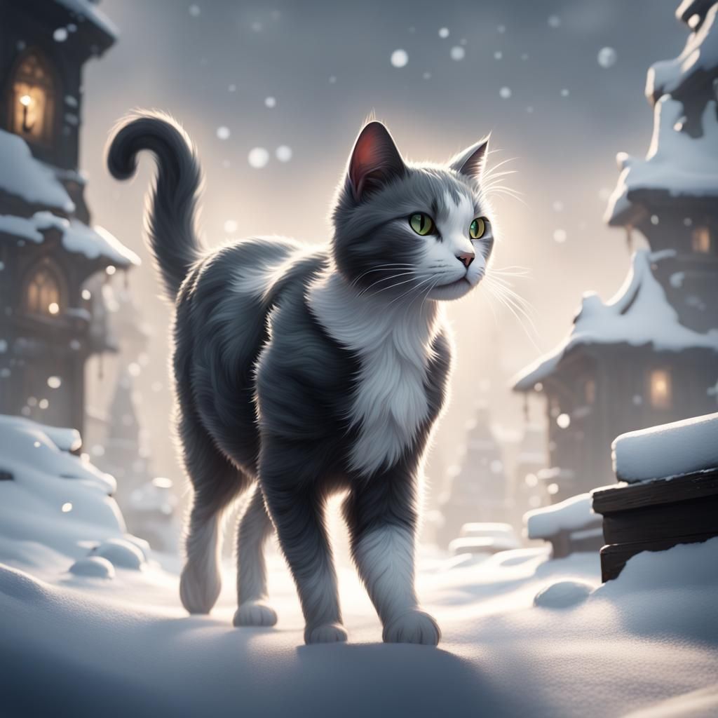 Dark Grey and White Cat in Snowy Landscape
