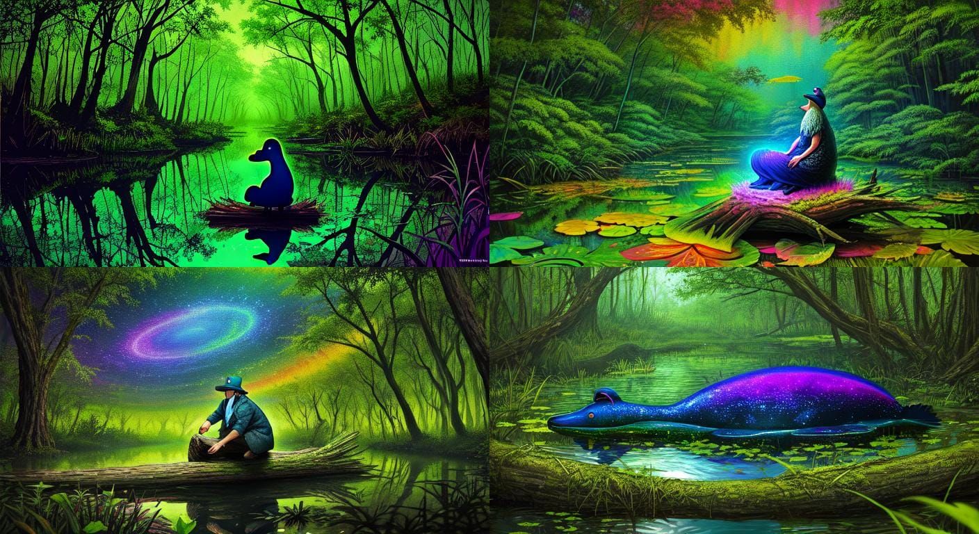 Psychedelic Platypus in Swamp: Trippy, Detailed, Colorful