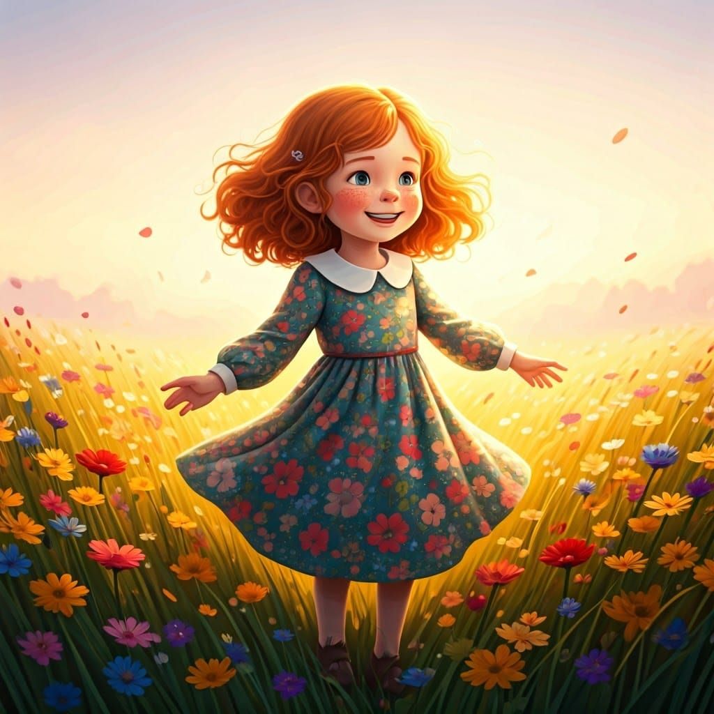 Joyful 6 Year Old Girl in Whimsical Meadow Scene