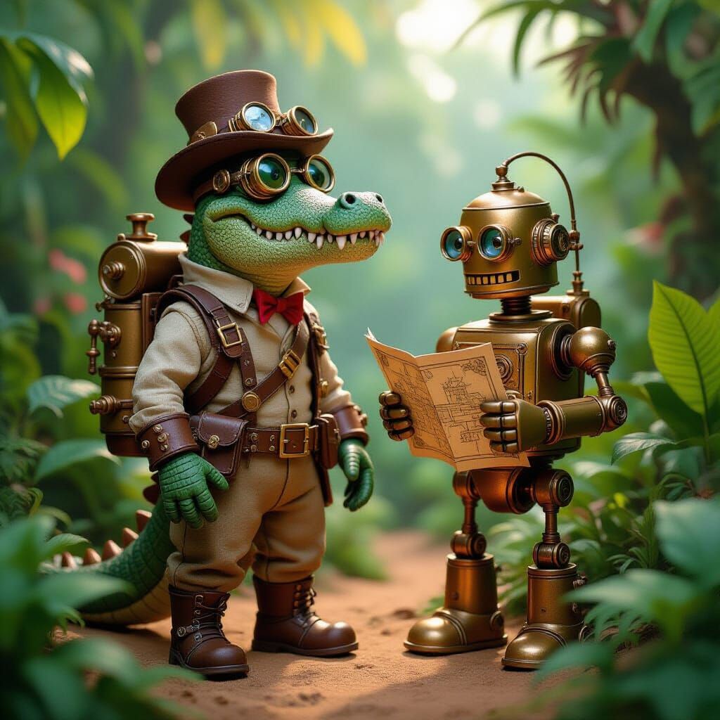 Steampunk Crocodile Explorer in Claymation Style