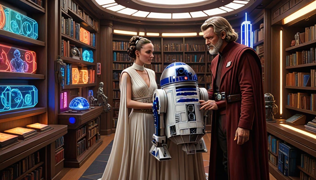 R2D2 and Princess Amidala in Neon Jedi Temple