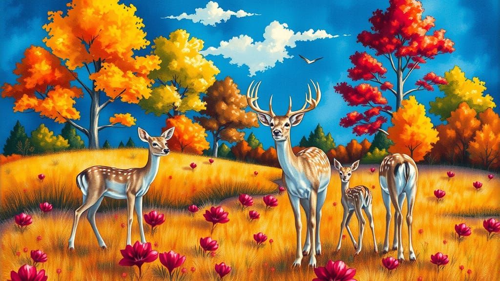 Deer Family Grazing in Autumn Field, Alcohol Ink Style