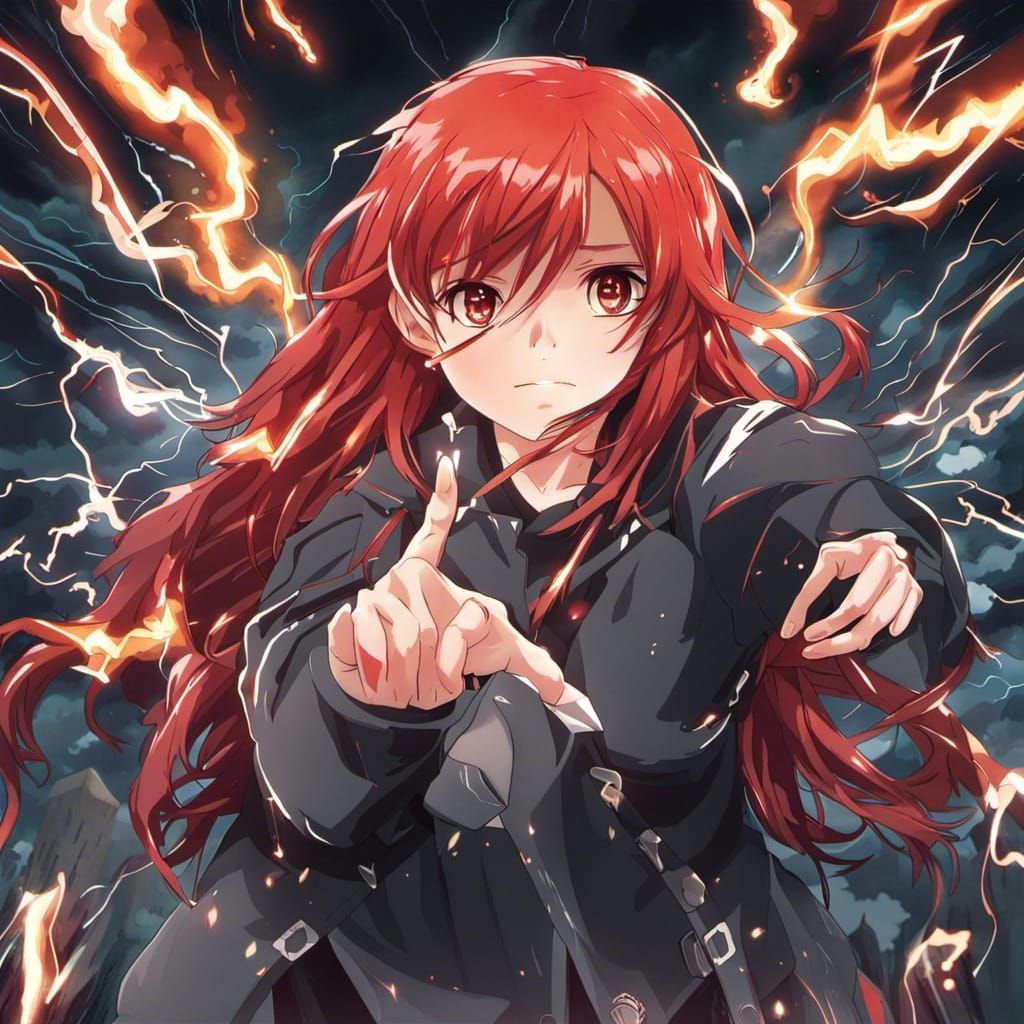Anime Girl with Red Hair and Lightning