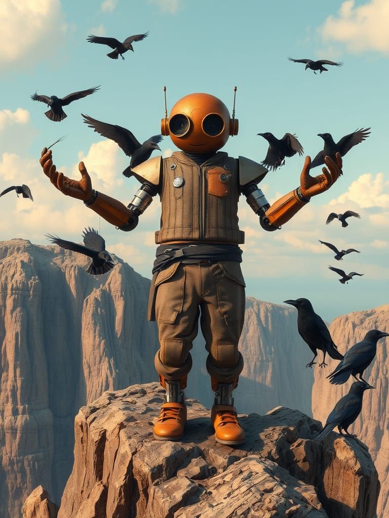 Weathered Robot Stands Proud on Rocky Cliff, Surrounded by C...