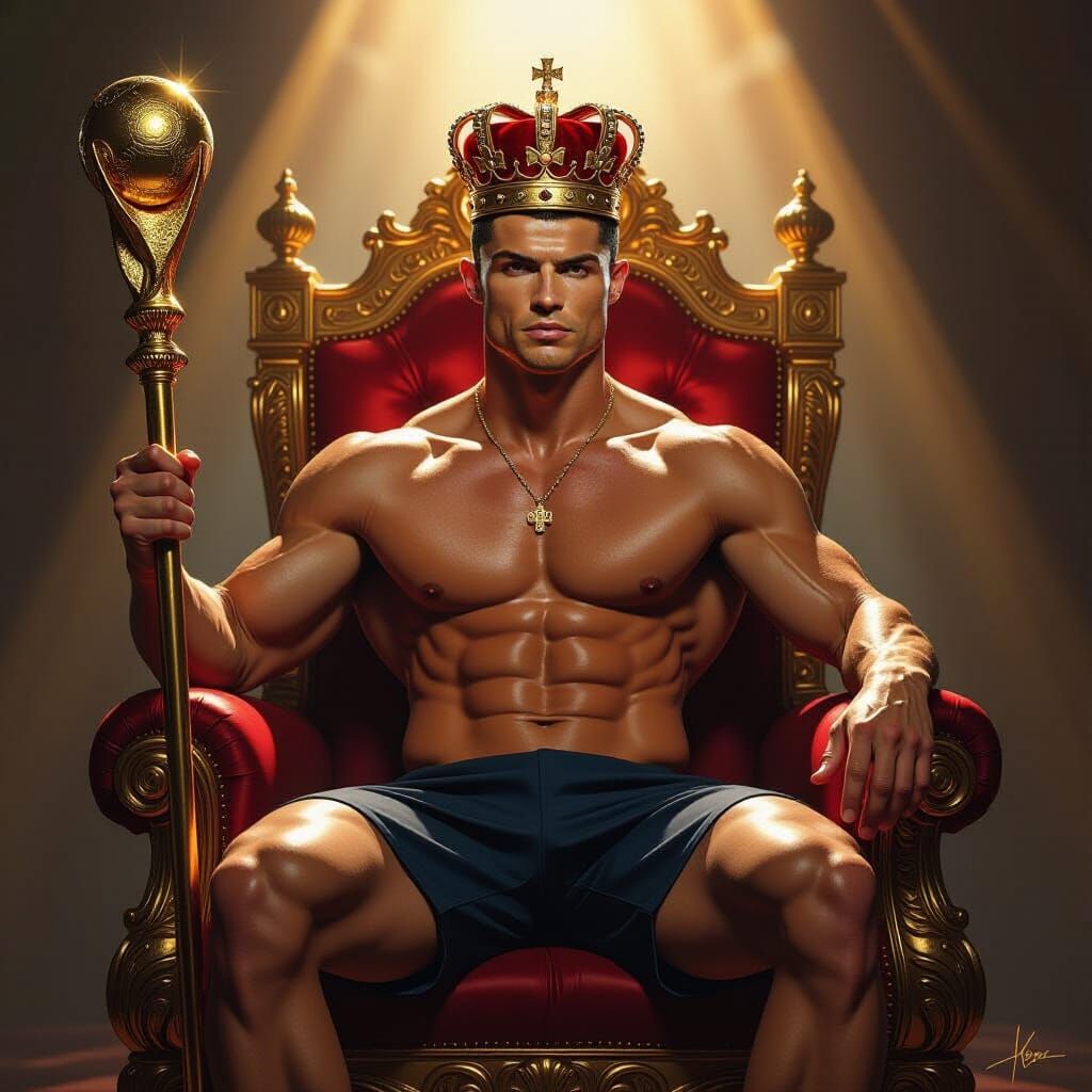 Shirtless King Ronaldo on Throne Holding World Cup Trophy