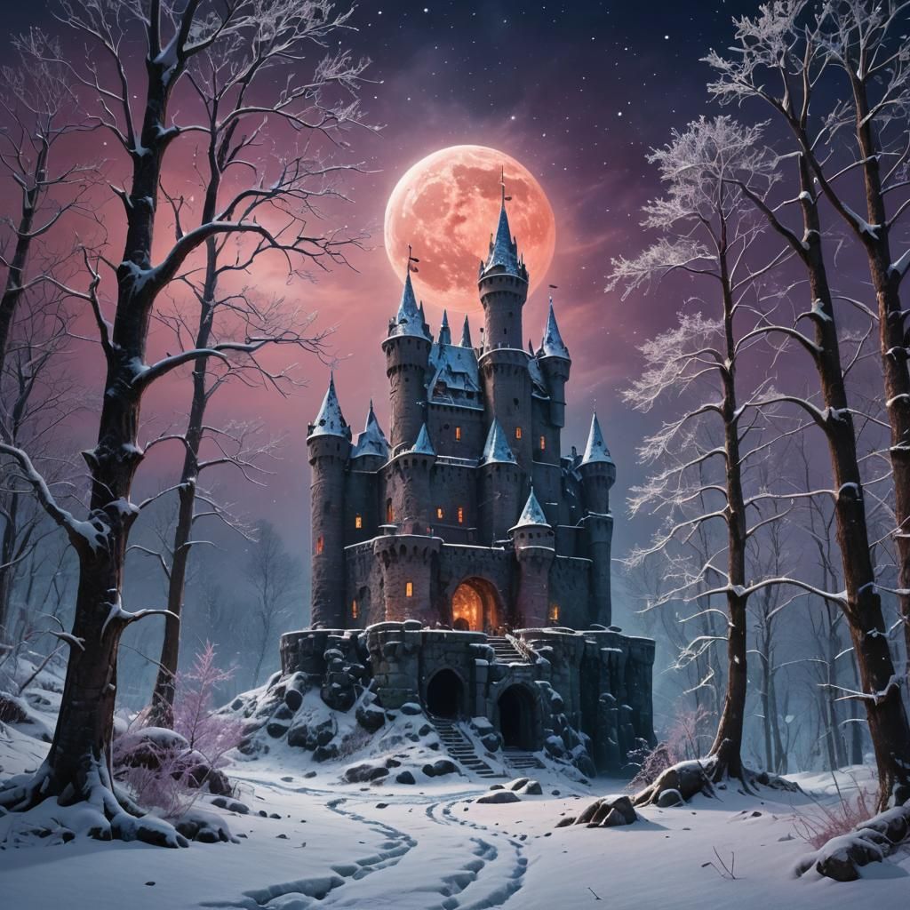 Snowy Castle Ruins Under Blood Moon