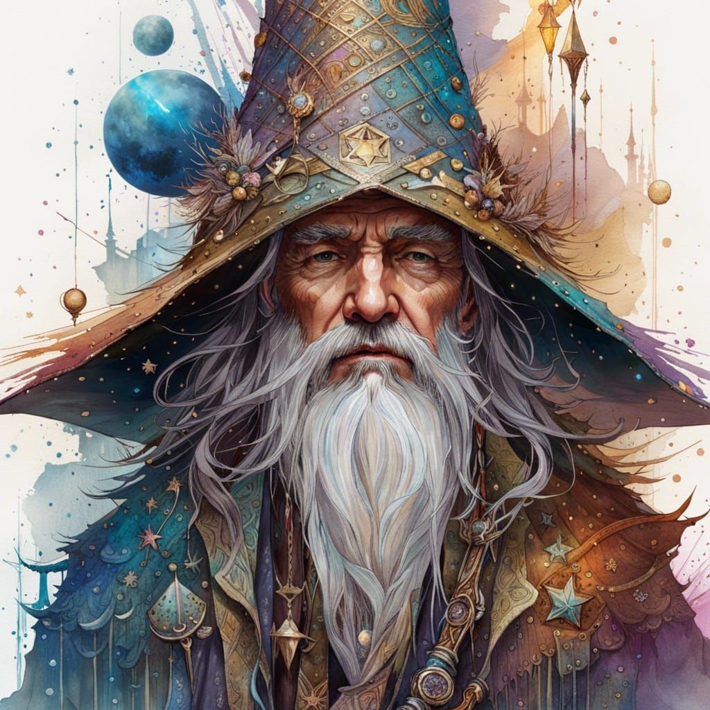 Wizard with Star Hat, Digital Watercolor Art