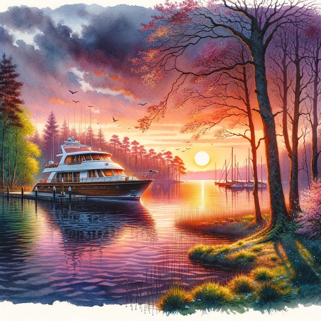 Spring Sunset Yacht Scene on Woodland Lake
