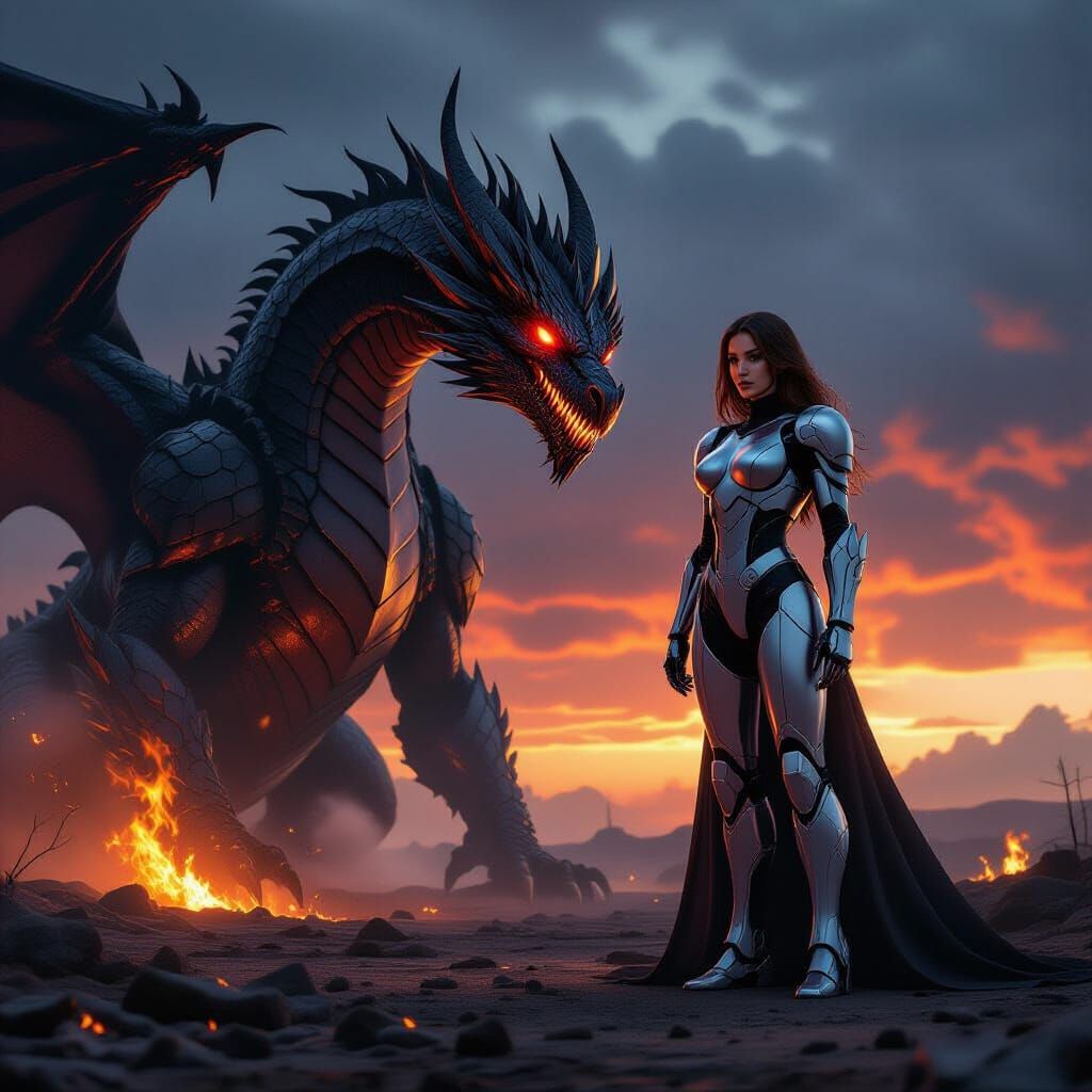 Dragon and Robot on Fiery Battlefield