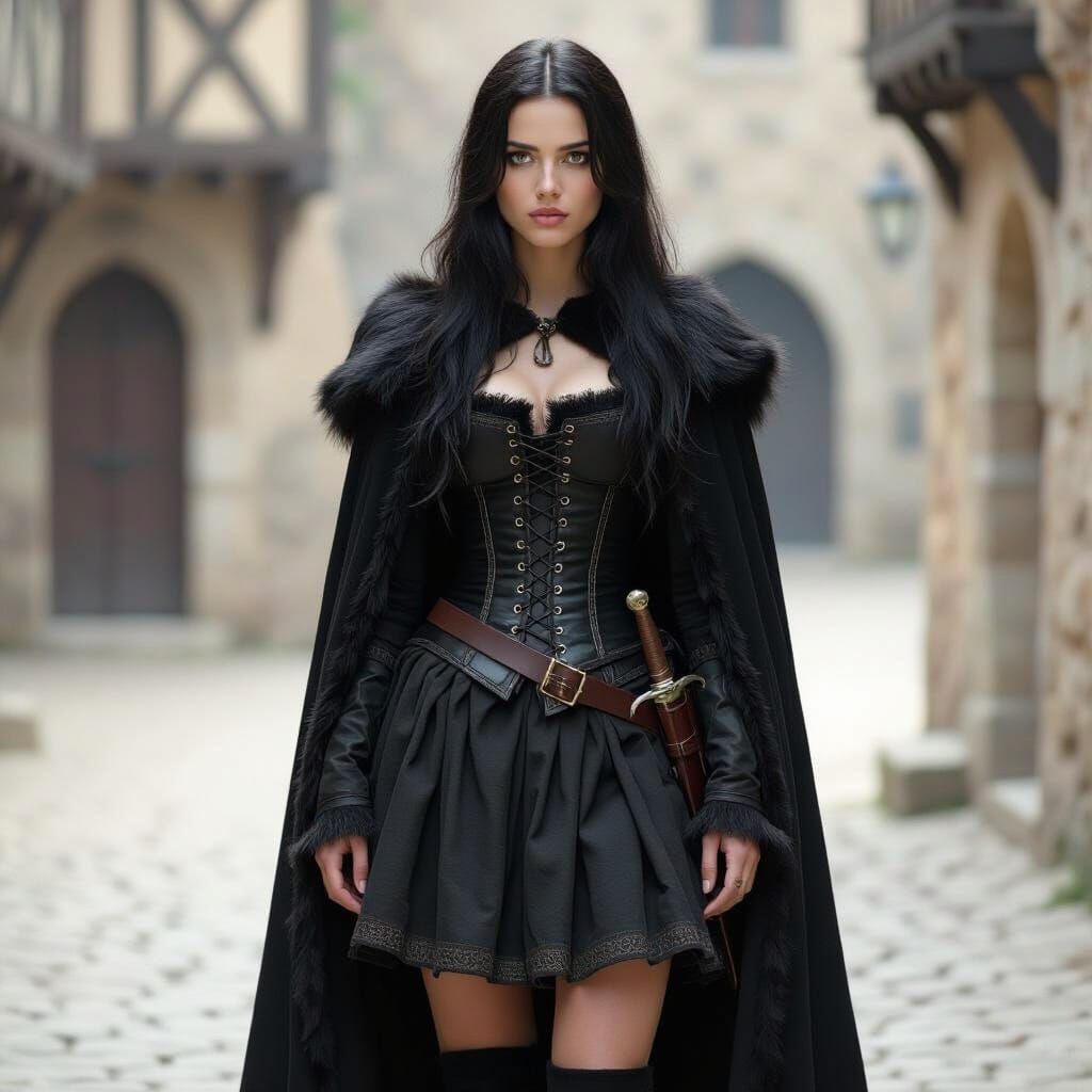 Medieval Warrior Woman in Fur Cloak with Dagger