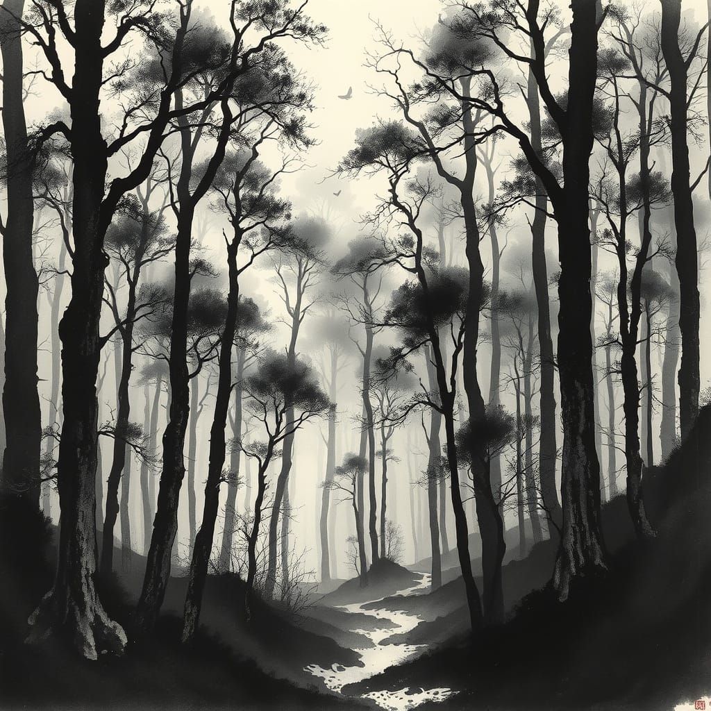 Mysterious Forest Path in Ink Wash Style