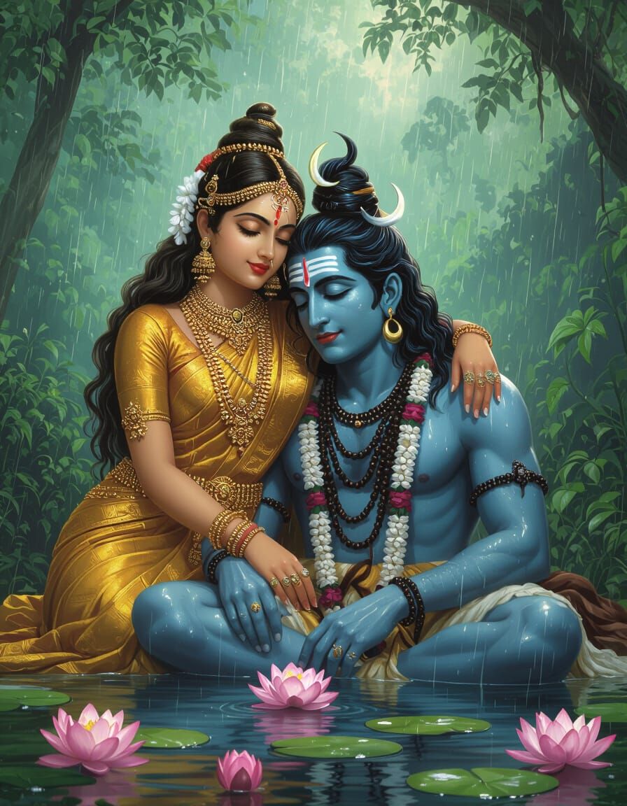 Parvati Cradling Shiva in Lush Forest, Photorealistic Style