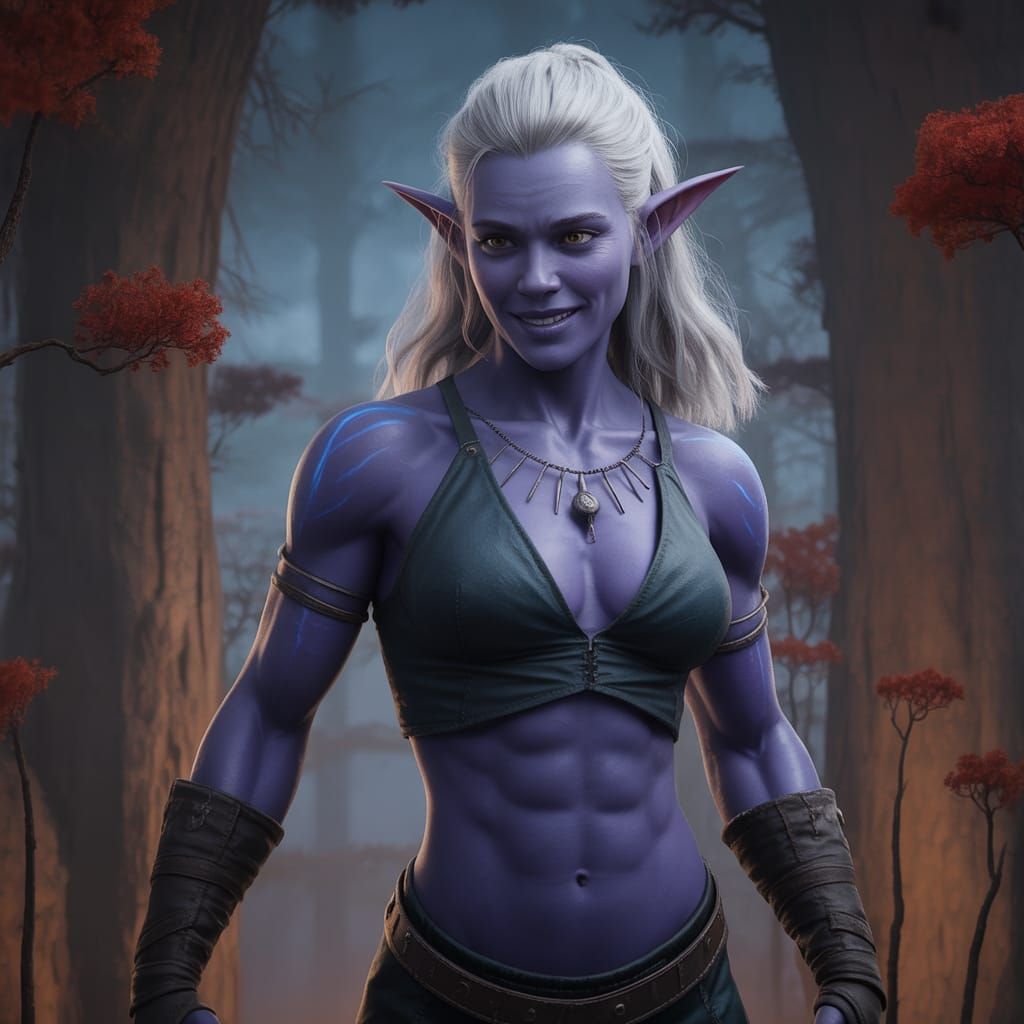 Muscle-bound Female Drow Amused in Fantasy Art Style