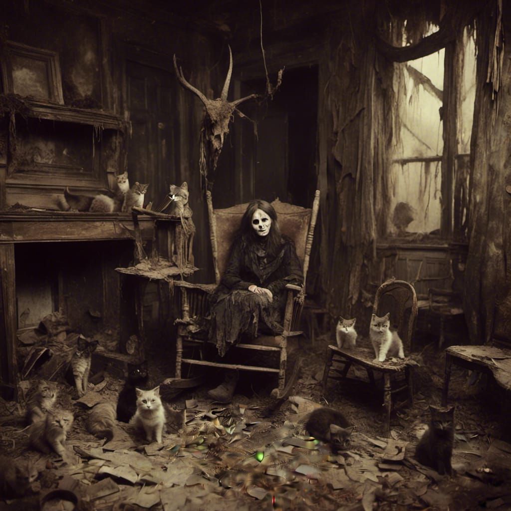 Sad Witch in Rocking Chair with Cats
