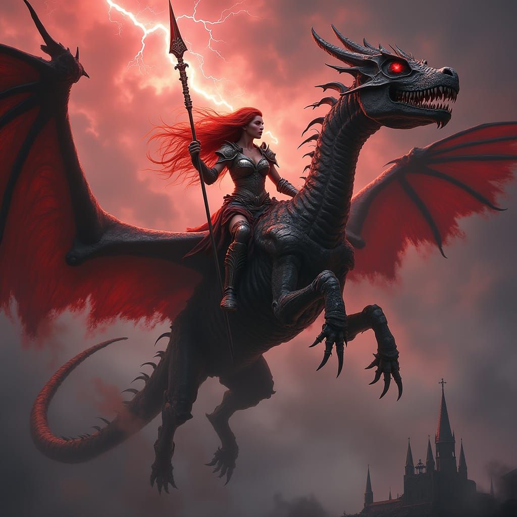 Valkyrie on Skeletal Dragon in Crimson Storm