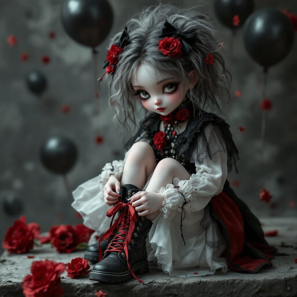 Whimsical Girl Tying Boot, Gothic Carnival Style