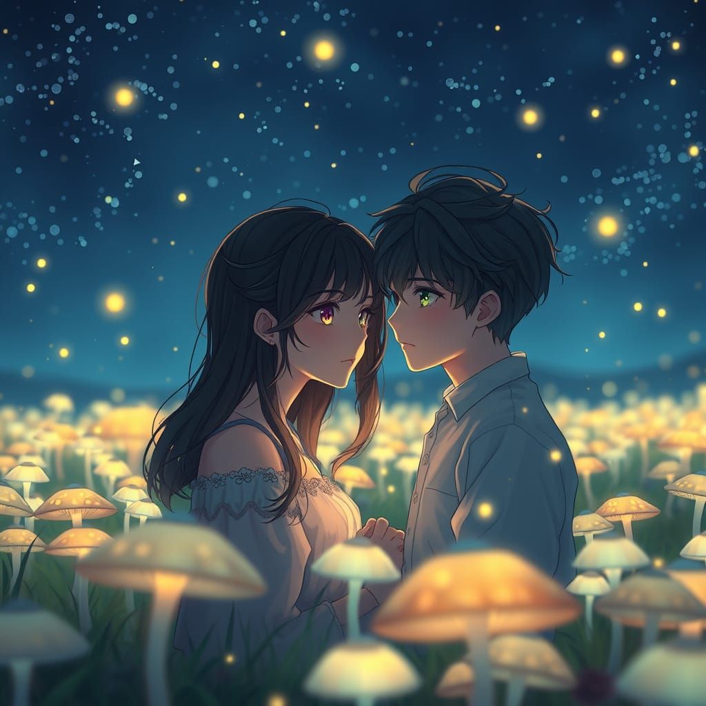 Ethereal Anime Couple in Dreamlike Field of Bioluminescent M...