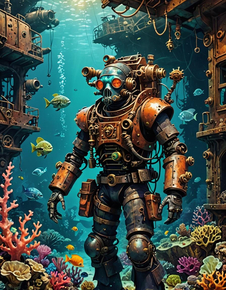 Pirate's Robotic Arm in Bioluminescent Shipwreck Collage