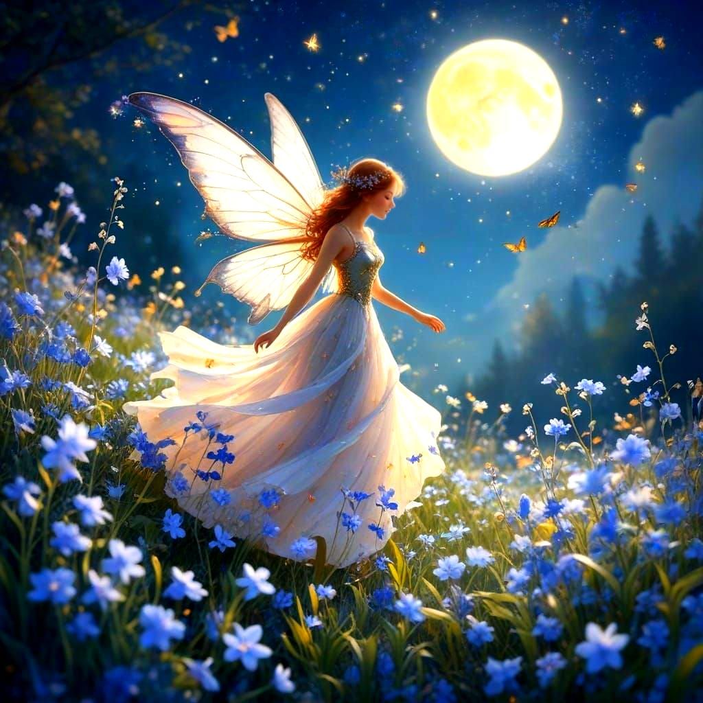 Butterfly Fairy Over Bluebells in Moonlight