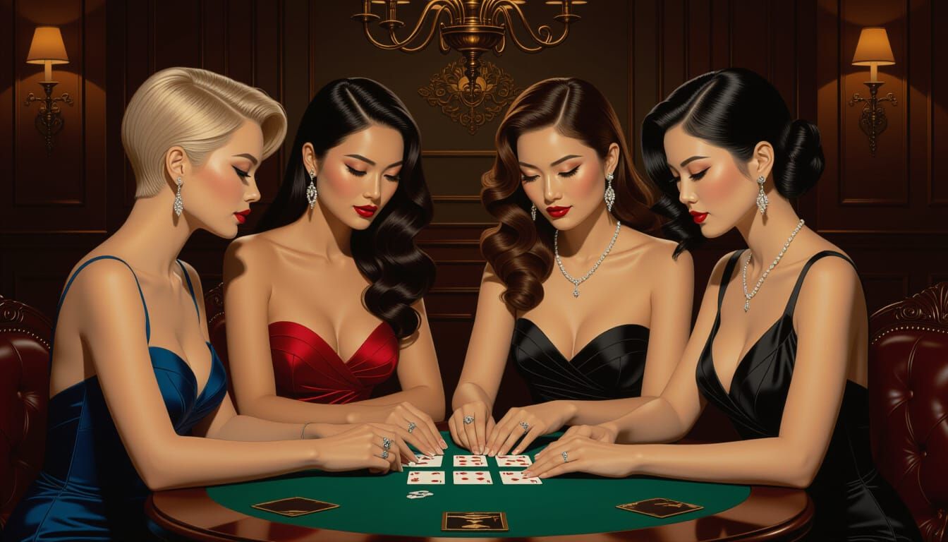 Elegant Women Play Cards in Photorealistic Style