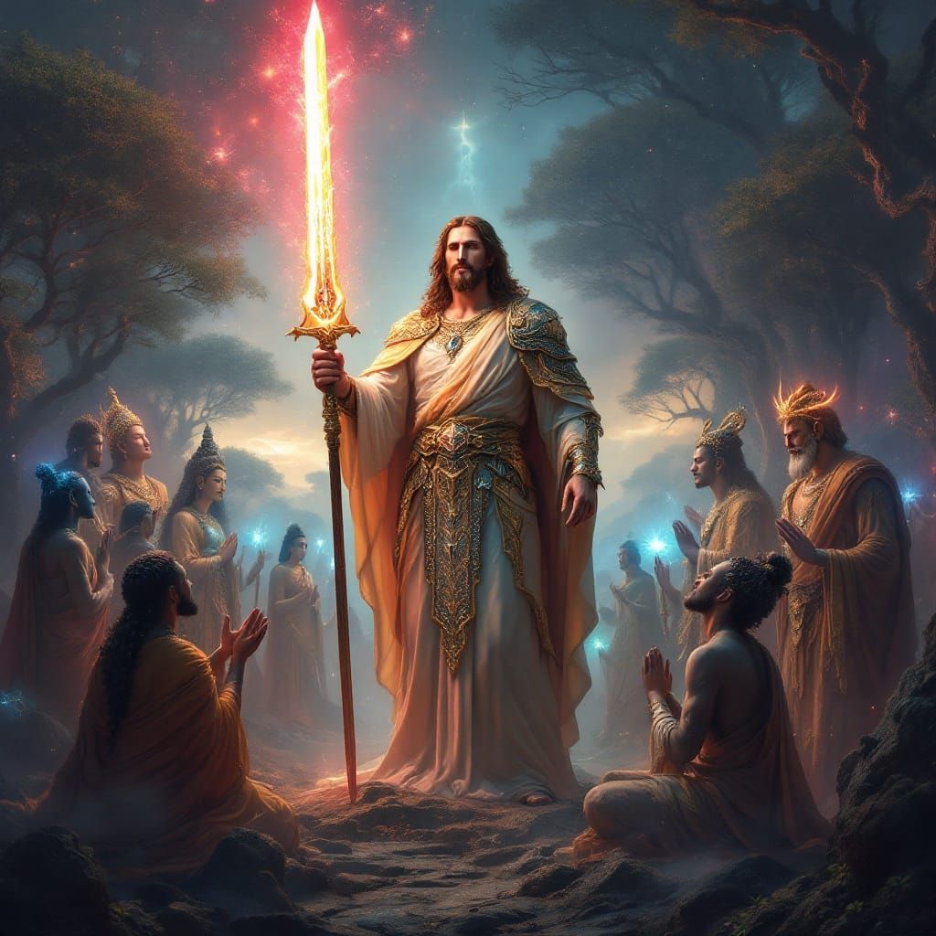 Mighty Warrior Jesus in Opal Armor, Surrounded by Faiths' Go...