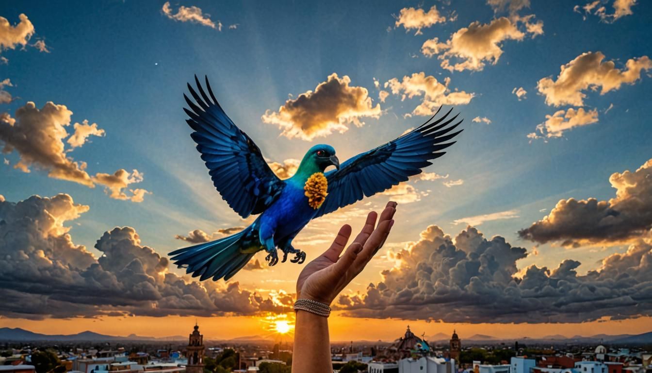 dos manos estrechándose en paz con una paloma y cielo azul de mexico
