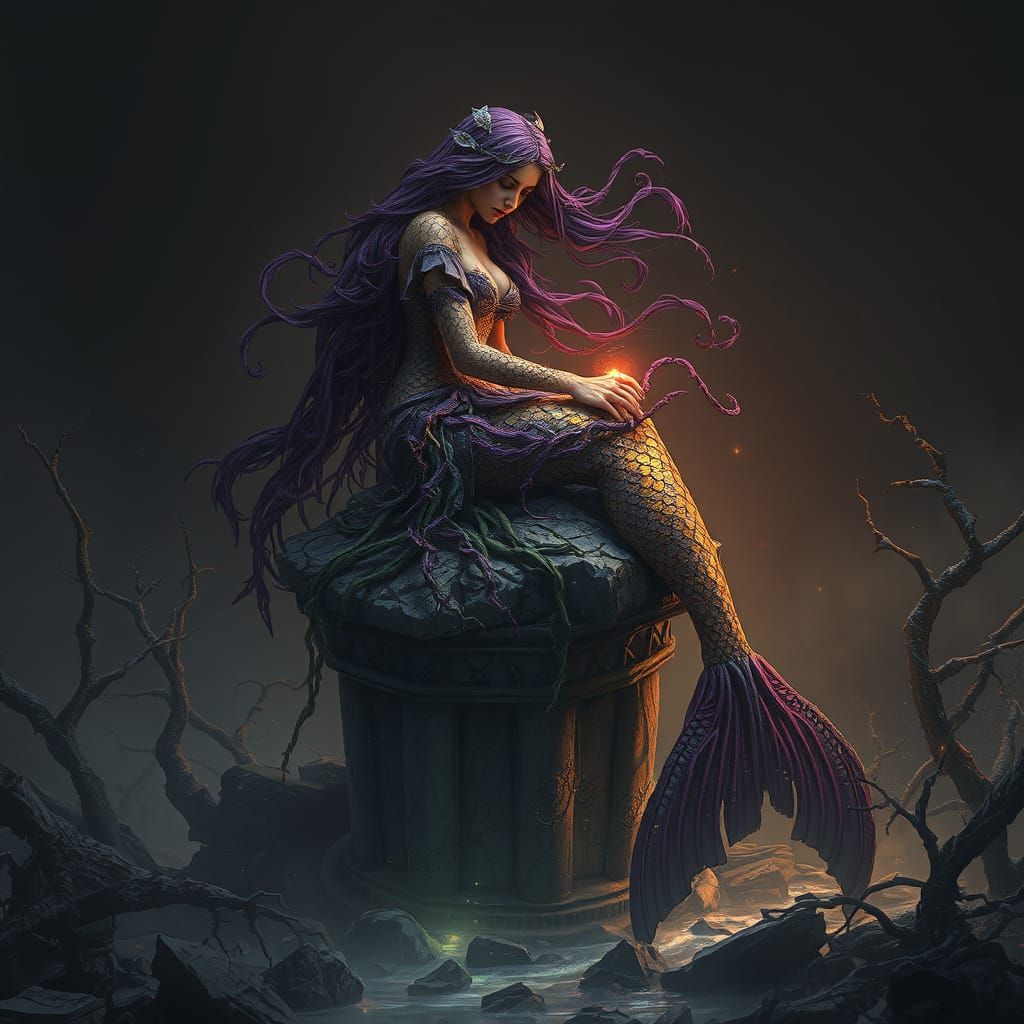 Majestic Mermaid Reigns Over Withered Seabed Ruins