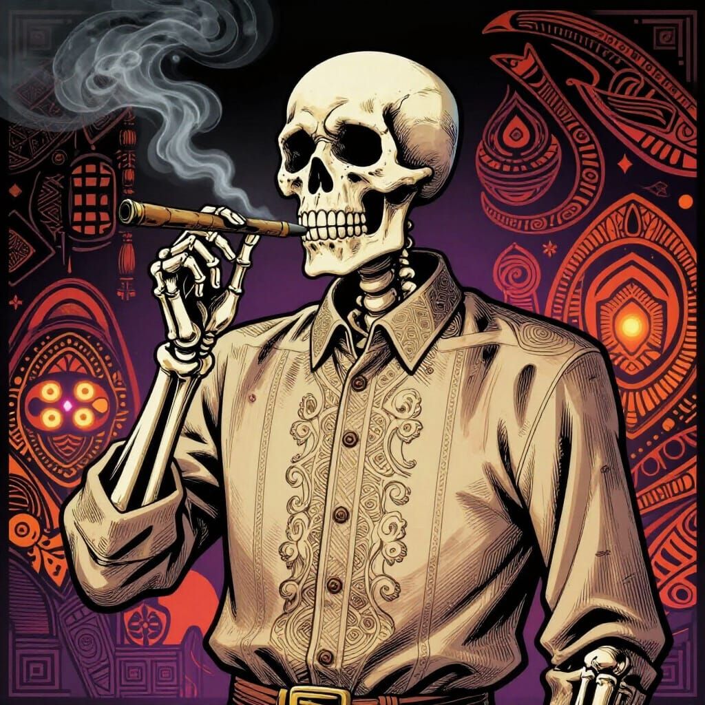 Filipino Barong Skeleton Smoking Blunt in Graphic Novel Styl...