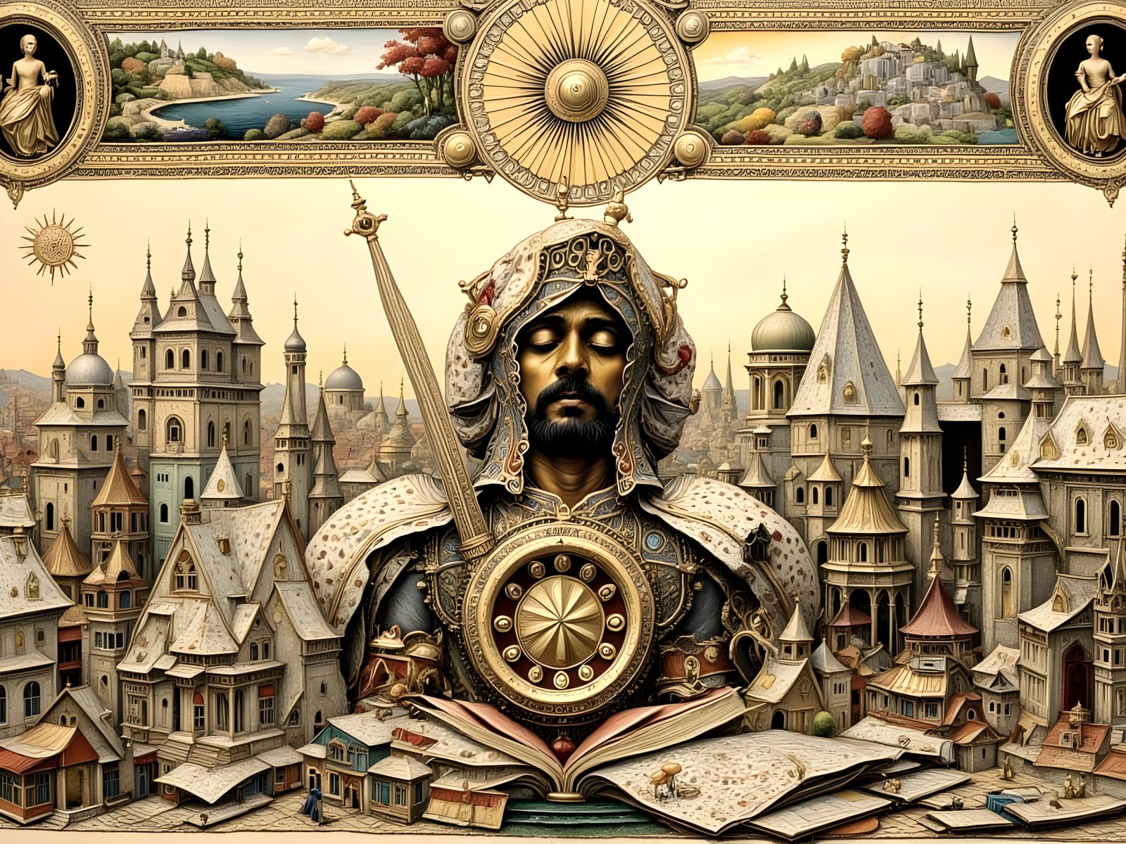 Surreal Renaissance Painting with Intricate Mosaic Tiles