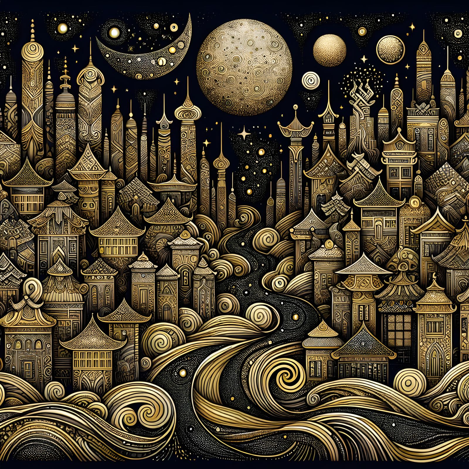Gilded Cityscape Illustration Under Starry Night Sky