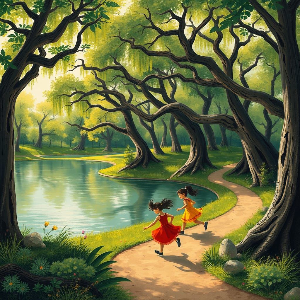 Children Playing by Lake in Park as Naive Art