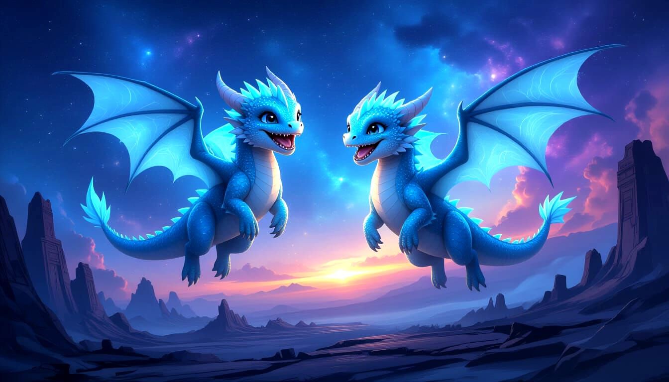 Ice Dragons Soaring Through Bioluminescent Galaxy