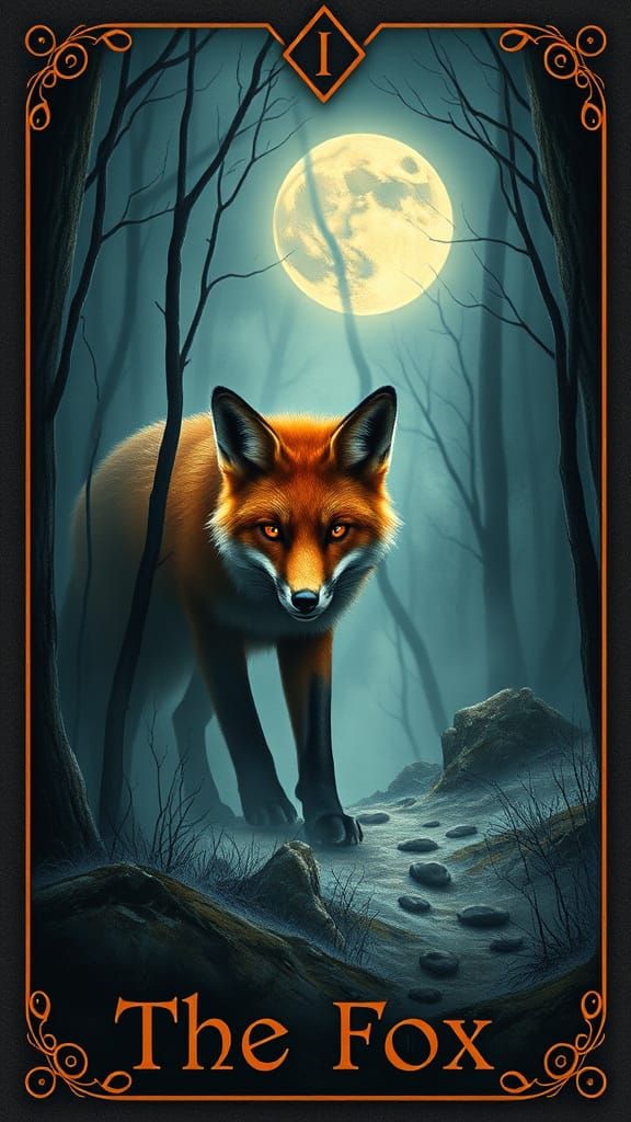 Create a Lenormand card featuring "The Fox" in an oil painting style. Depict a close-up of a cunning red fox lurking in ...