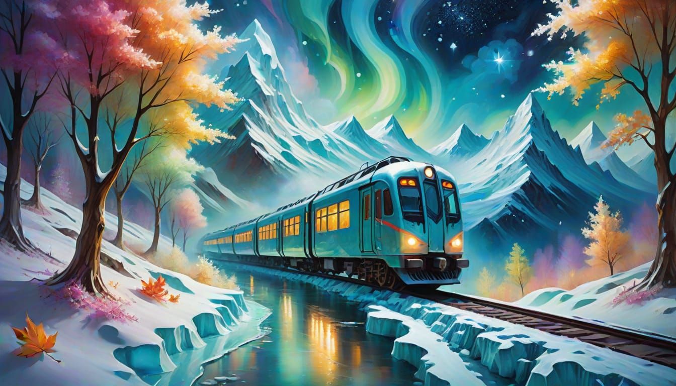 A train travels through a colorful, wintery landscape.