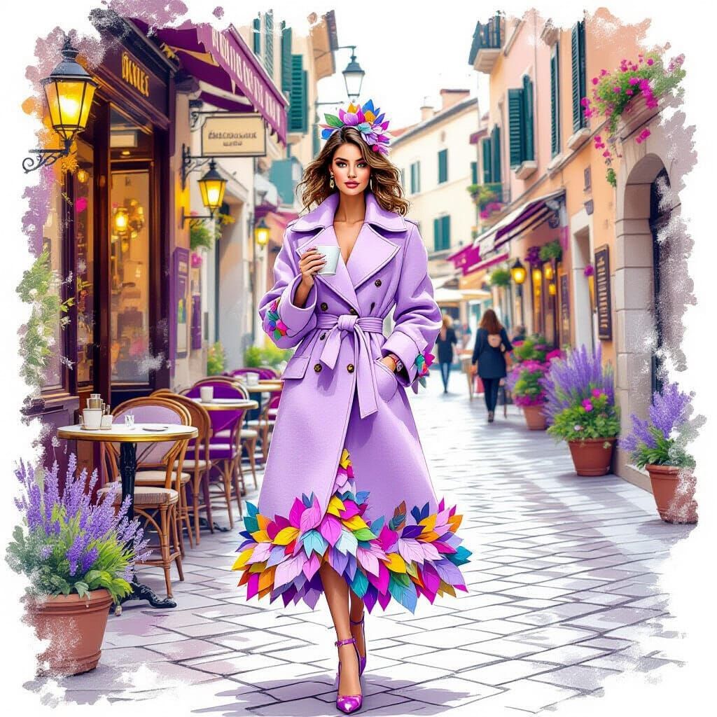 Fashion Illustration: Woman in Lilac Coat at Roman Cafe