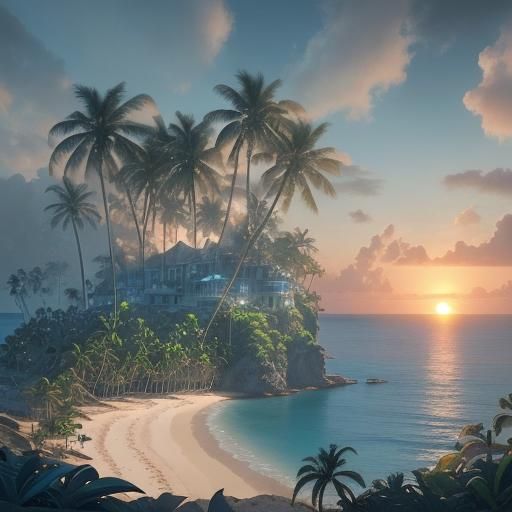 Tropical Island Oasis at Sunrise: Digital Matte Painting