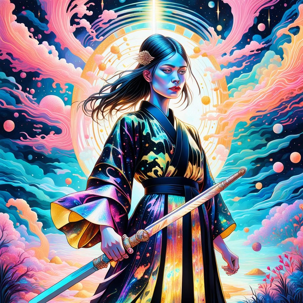 Astral Warrior Girl in Dreamy Holographic Art