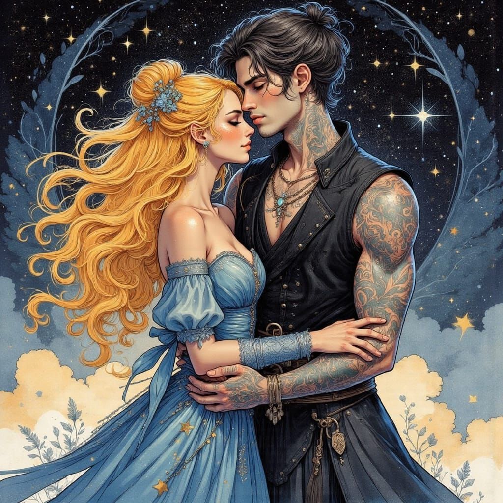 Surreal Feyre and Rhysand in a Celestial Watercolour Dream