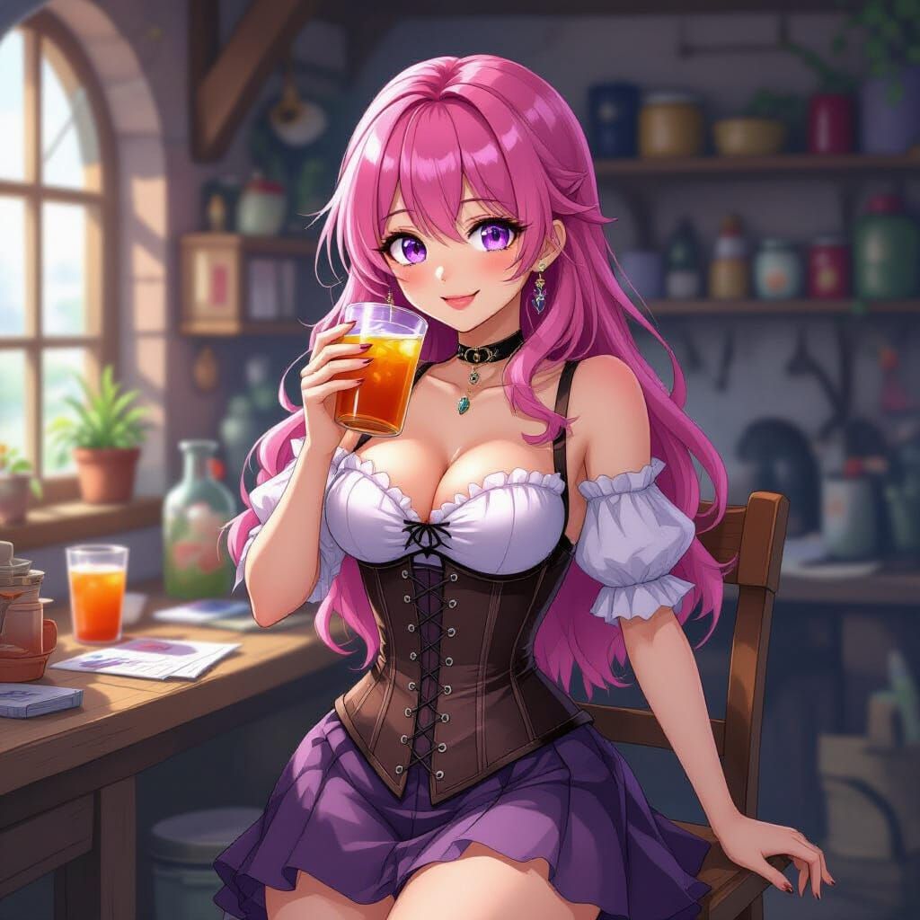 Anime Woman Sipping Iced Tea in Magical Workshop