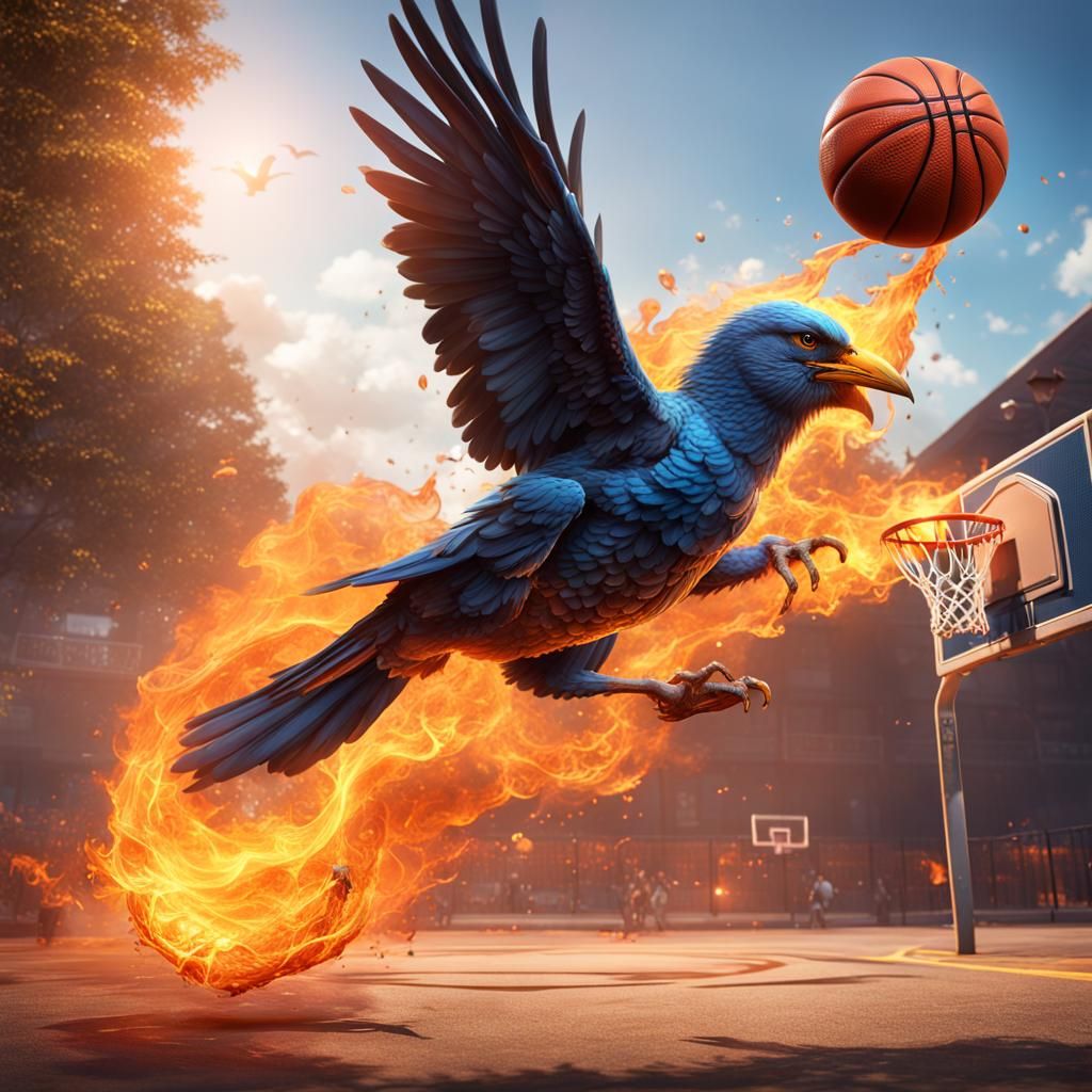 Bird Dunks Flaming Basketball: Detailed Fantasy Art