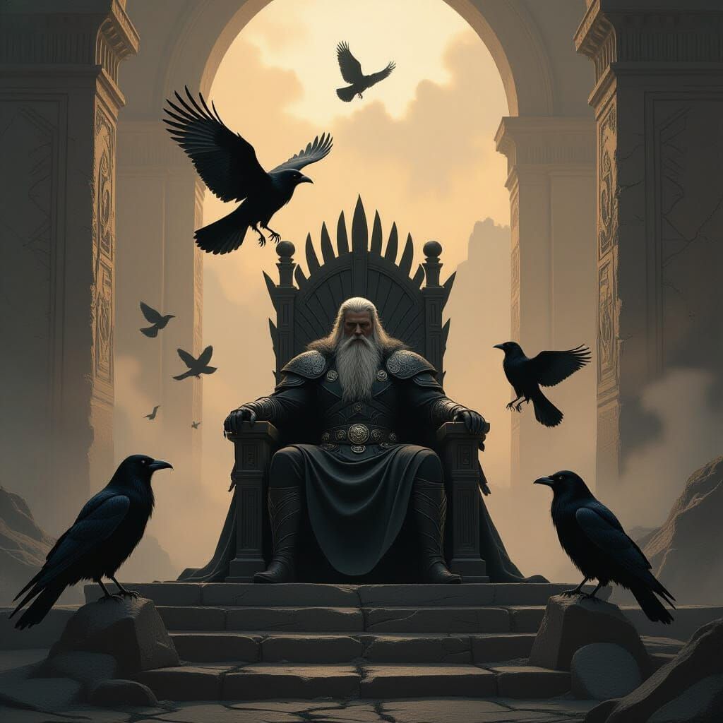 Odin on Throne with Ravens in Epic Norse Mythology Digital P...