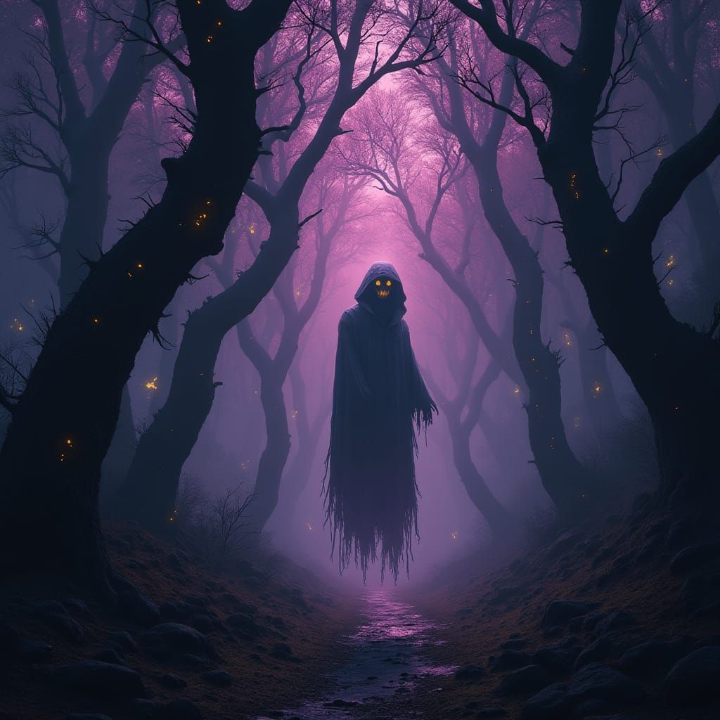 Surreal Twilight Forest with Glowing Runes and Ethereal Shad...