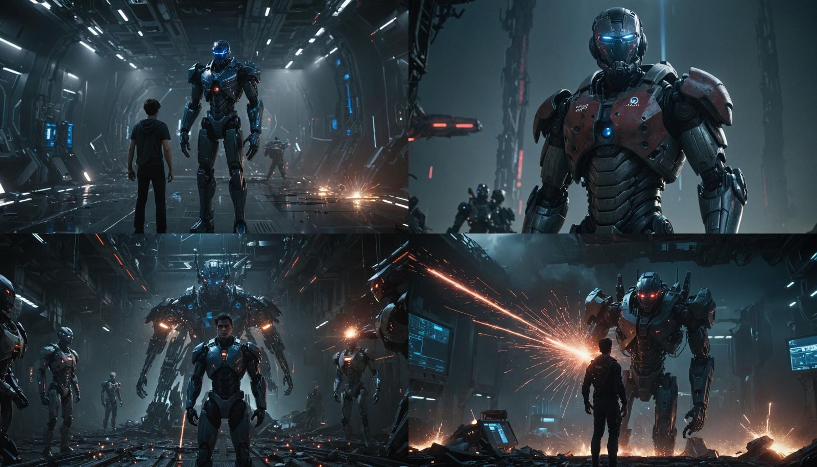 Futuristic Soldier Confronts AI in Cyberpunk Control Room