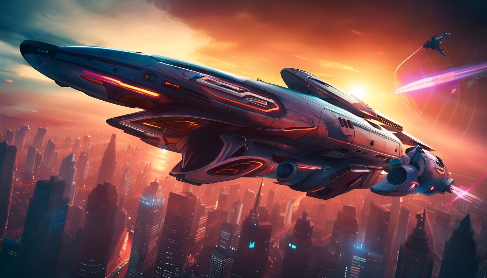 Futuristic Military Spaceship at Sunset in Detailed Matte St...